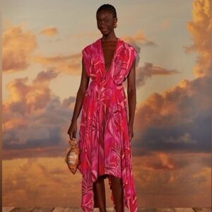 NWT | FARM Rio Red Endless Summer Tropical Plunging V Neck Midi Dress XS